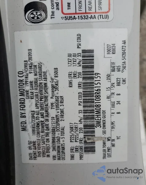 2008 Mercury Milan Premier z USA, uszkodzony, nr VIN 3MEHM08108R615159